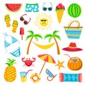 Summer travel or holiday vacation vector bright icons Royalty Free Stock Photo