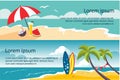 Summer Travel Horizontal Banners, Sandy Beach, Umbrella, Sea Or Ocean Waves, Palms And Surfing Board Vector Illustration