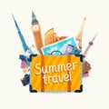 Summer travel illustration with suitcase and architectural sights