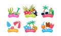 Summer travel logo template set, sea time, tropical, vacation, surfing, paradise, beach party bright labels vector