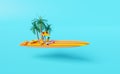 Summer travel with orange suitcase,beach chair,umbrella,sunglasses,surfboard,Inflatable flamingo,palm tree,sandals,hat,camera Royalty Free Stock Photo