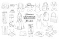 Summer travel packing for vacation. Woman clothing set. Vector hand drawn isolated objects. Black and white fashion