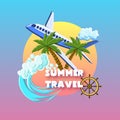 Summer travel poster with palm trees, airplane, ocean waves, ship wheel, cloud on the sunset sky. Royalty Free Stock Photo
