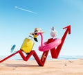 Summer travel prices rising concept. Red arrow on the beach going up with travel accessories