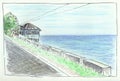 Summer travel road landscape pencil sketch. Seaview roadscape handdrawn illustration. Tropical island of the Philippines Royalty Free Stock Photo