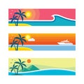 Summer travel - set of horizontal concept banner templates, vector illustration in flat style. Vacation creative layouts. Tropical