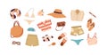 Summer travel stuff set. Beach clothes, accessories for summertime holiday. Bag, bikini, flip-flops, hat, swimsuit and