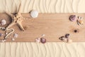 Summer travel template with seashells on wooden pier