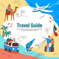 Summer travel. Tourists guide. Family with suitcase and camera. Autumn journey in Egypt. Airplane flying. Automobile van