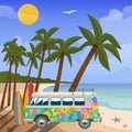 Summer travel in tropics vector, illustration. Sea view in summer with water play equipment, beach, tropical palms and