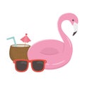 Summer travel and vacation float flamingo sunglasses and cocktail