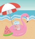 Summer travel and vacation float flamingo umbrella juice watermelon beach