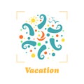 Summer travel vacation logo concept in shape of a circle. Seaside resort, waves, ship, sun and birds. Paradise beach color graphic Royalty Free Stock Photo