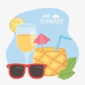 Summer travel and vacation pineapple sunglasses cocktail with lemon