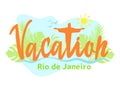 Summer travel vacation Rio de Janeiro Brazil image concept . Lettering with a statue of Jesus Christ, waves, birds, sun and palm