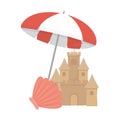 Summer travel and vacation umbrella shell sand castle beach Royalty Free Stock Photo