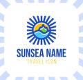 Summer travel vacation vector logo concept illustration in circle shape. Paradise beach color graphic sign. Sea resort, sun, Royalty Free Stock Photo