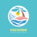 Summer travel vacation vector logo concept illustration in circle shape. Paradise beach color graphic sign. Sea resort, sun, palm Royalty Free Stock Photo