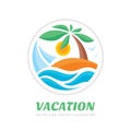 Summer travel vacation vector logo concept illustration in circle shape. Paradise beach color graphic sign. Sea resort, sun, palm Royalty Free Stock Photo