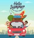 Summer travel vector concept design. Hello summer text with traveler character in car with beach element like surf board.