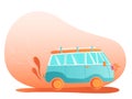 Summer travel vector illustration with vintage Camper van bus. Beach concept.