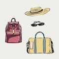 Summer, travel, walks, sunny weather. Hat, sunglasses, suitcase, backpack. Isolated vector objects. Royalty Free Stock Photo