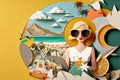 Summer travel Woman on the beach concept. 60s retro style background