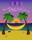 Summer travel. Yellow hammock by the sea. Coconut palms, starfish on the beach. Evening landscape. Rest, travel and vacation.