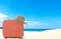 Summer traveling with old suitcase and Fashion woman, fish star, sun glasses, hat. Travel in the holiday, blue sky and beach backg