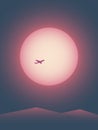 Summer traveling poster vector template with airplane flying in front of sun at sunset. Minimalist retro style.