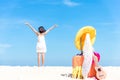 Summer traveling with ukulele and Fashion woman swimsuit Bikini, fish star, sun glasses, Royalty Free Stock Photo