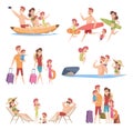 Summer travellers. Happy love couple with childrens beach walking vacation trip outdoor adventure vector characters