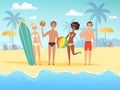 Summer travellers. Male and female happy people playing at the summer sunshine beach near ocean or sea vector background