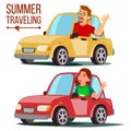Summer Travelling By Car Vector. Male, Female. Girl And Boy In Summer Vacation. Driving Machine. Rides In The Car. Road