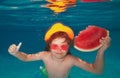 Summer travelling. Young boy swim and dive underwater. Under water portrait in swim pool. Child boy diving into a Royalty Free Stock Photo