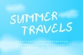 Summer travels. White vector font on blue sky background. Hand drawn uppercase and lowercase alphabet letters, numbers Royalty Free Stock Photo