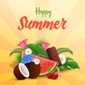 Summer treats vector banner template. Watermelon slice, ice cream, coconut cocktail decorated with exotic flower and Royalty Free Stock Photo