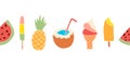 Summer treats seamless vector border. Repeating banner design with watermelon, popsicle, pineapple, coconut, ice cream