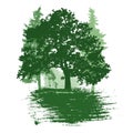 Summer trees and smear brush, logo, badge. Silhouette of beautiful oak and fir trees and bush. Vector illustration