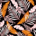 Summer trend seamless pattern with bright tropical leaves and plants on a dark background. Vector design. Jung print. Floral backg