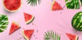 Summer trendy bright watermelon pattern layout. Red watermelon slices, tropical leaves, monstera plants and leaf shadows on pink