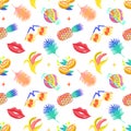 Summer trendy pattern seamless with pineapple, palm leaf, cocktail, sunglasses