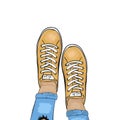 Summer trendy sports shoes. Feet in sports shoes sneakers. Girl in ripped jeans and sneakers. Vector