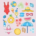 Summer trendy sticker set sea star, sun umbrella, sunglasses, swimsuit, cocktail, hat, flip flops vector illustration