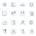 Summer trip linear icons set. Beach, Adventure, Relaxation, Exploration, Camping, Hiking, Roadtrip line vector and