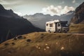 Summer trip to the mountains on a motorhome. Recreational vehicle parking in the mountains for rest. Generative AI