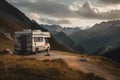 Summer trip to the mountains on a motorhome. Recreational vehicle parking in the mountains for rest. Generative AI