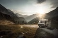 Summer trip to the mountains on a motorhome. Recreational vehicle parking in the mountains. Generative AI