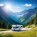 Summer trip to the mountains on a Recreational vehicle parking in the mountains for rest among the mountain Motorhome RV vacation