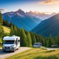 Summer trip to the mountains on a Recreational vehicle parking in the mountains for rest among the mountain Motorhome RV vacation